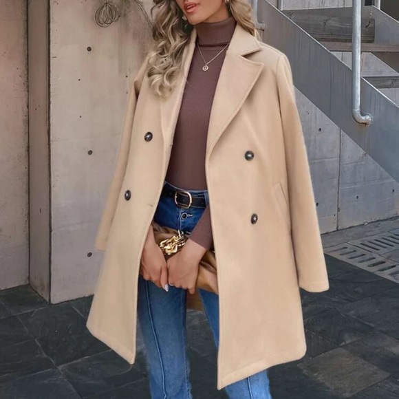 Double breasted pea coat long camel tan minimalist long line - Picture 4 of 8